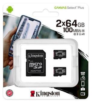 Карта пам'яті MicroSDXC 2x64GB UHS-I Class 10 Kingston Canvas Select Plus R100MB/s SD-адаптер (SDCS2/64GB-2P1A) фото №2
