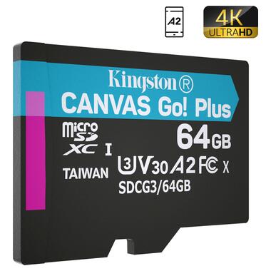 Картка пам'ятi KINGSTON MicroSDXC 64GB Canvas Go! Plus Gen4 200MB/s A2 U3 V30 Card + Ad(SDCG3/64GBSP) фото №2
