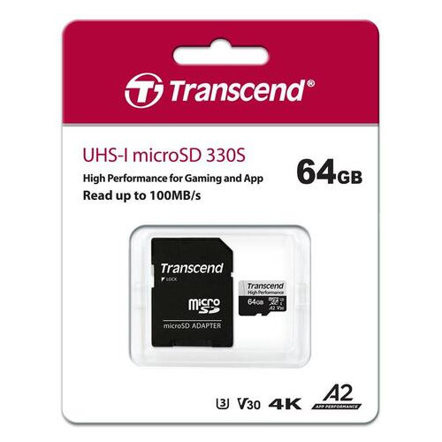 Карта пам'яті Transcend 64GB microSDXC C10 UHS-I U3 A2 R100/W85MB/s SD (TS64GUSD330S) фото №3