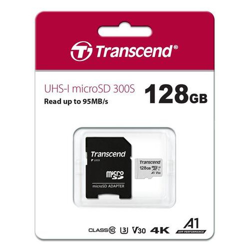 Карта пам'яті Transcend 128GB microSDXC C10 UHS-I R95/W45MB/s адаптер SD (JN63TS128GUSD300S-A) фото №1