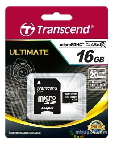 Карта пам'яті Transcend 16GB microSDHC Class 10 (adapter SD) (TS16GUSDHC10) фото №2
