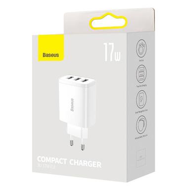 Адаптер сетевой Baseus Compact Charger 3U 17W EU |3USB QC 3.4A| (CCXJ020102) белый фото №4