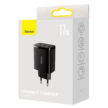 Адаптер сетевой Baseus Compact Charger 3U 17W EU |3USB QC 3.4A| (CCXJ020102) черный фото №15