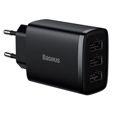 Адаптер сетевой Baseus Compact Charger 3U 17W EU |3USB QC 3.4A| (CCXJ020102) черный фото №1