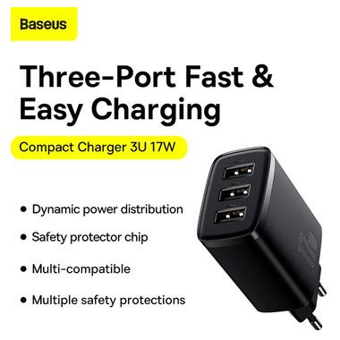 Адаптер сетевой Baseus Compact Charger 3U 17W EU |3USB QC 3.4A| (CCXJ020102) черный фото №3