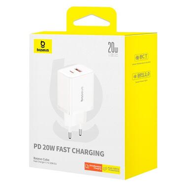 Адаптер сетевой Baseus Cube Fast Charger |1USB/1Type-C 20W/3A PD/QC| White фото №6