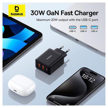 Адаптер сетевой Baseus Cube Fast Charger |2USB/1Type-C 30W/3A PD/QC| Black фото №12