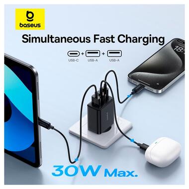 Адаптер сетевой Baseus Cube Fast Charger |2USB/1Type-C 30W/3A PD/QC| Black фото №10