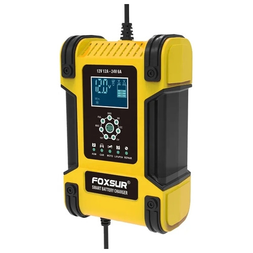 Зарядний пристрій Foxsur 12V (24V) потужністю 12 Ah (6Ah) для акумуляторів різних видів 6-200Ah Жовтий фото №7