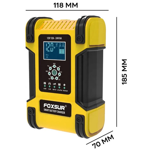 Зарядний пристрій Foxsur 12V (24V) потужністю 12 Ah (6Ah) для акумуляторів різних видів 6-200Ah Жовтий фото №2