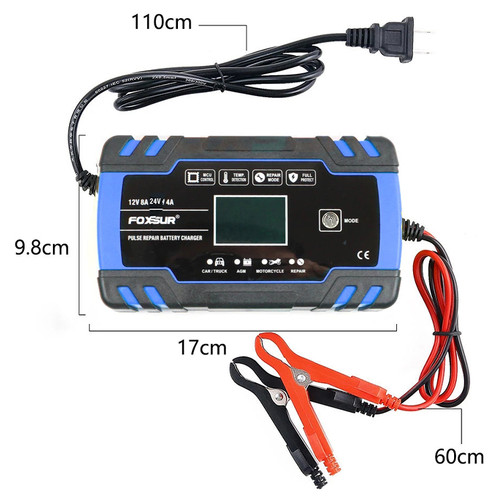 Зарядний пристрій Foxsur 12V (24V) потужністю 8 Ah (4Ah) для акумуляторів різних видів 6-150Ah Синій фото №1