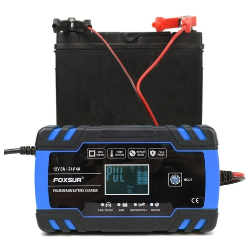 Зарядний пристрій Foxsur 12V (24V) потужністю 8 Ah (4Ah) для акумуляторів різних видів 6-150Ah Синій фото №5