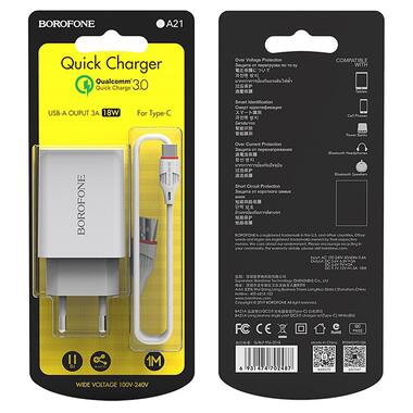 Сет зарядного устройства BOROFONE BA21A Long journey single port QC3.0 зарядка(Type-C) 18W Белый (6931474702487) фото №4