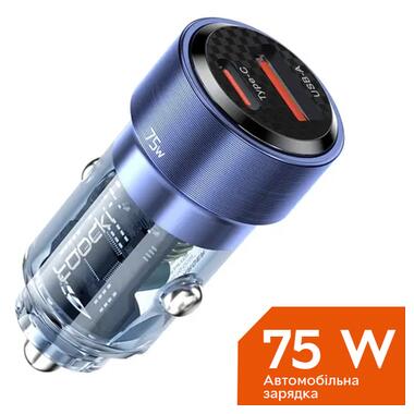 Автомобільний зарядний пристрій в прикурювач Toocki 75W (1 Type-C 45w + 1 USB 30w)  Blue Transparent фото №1