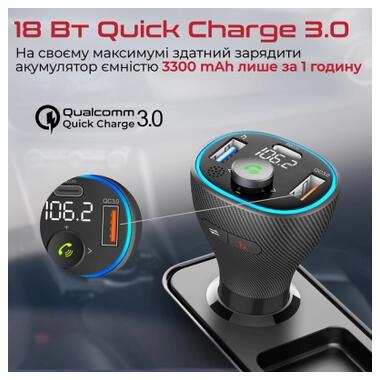 FM-трансмиттер Promate PowerTune 38W USB-A OTG/USB-A QC3.0/USB-C PD Black (powertune-38w.black) фото №7