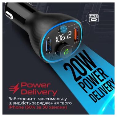 FM-трансмиттер Promate PowerTune 38W USB-A OTG/USB-A QC3.0/USB-C PD Black (powertune-38w.black) фото №6