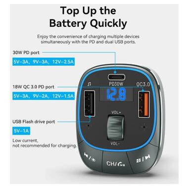 Автомобільний FM-трансміттер Vention PD 54W 3-Port USB (C+A+A) LED/USB Flash/Bluetooth, вольтметр (FFLB0) фото №7