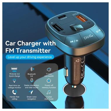 Автомобільний FM-трансміттер Vention PD 54W 3-Port USB (C+A+A) LED/USB Flash/Bluetooth, вольтметр (FFLB0) фото №6
