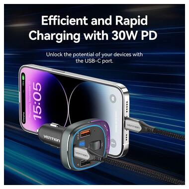 Автомобільний FM-трансміттер Vention PD 54W 3-Port USB (C+A+A) LED/USB Flash/Bluetooth, вольтметр (FFLB0) фото №9