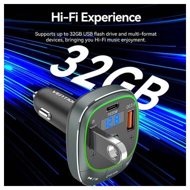 Автомобільний FM-трансміттер Vention PD 54W 3-Port USB (C+A+A) LED/USB Flash/Bluetooth, вольтметр (FFLB0) фото №12