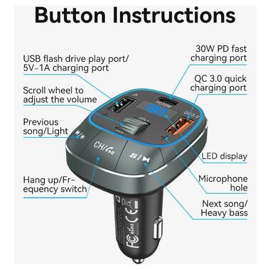 Автомобільний FM-трансміттер Vention PD 54W 3-Port USB (C+A+A) LED/USB Flash/Bluetooth, вольтметр (FFLB0) фото №8