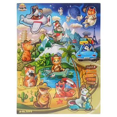 Деревянный пазл-вкладыш Котики -2 с самолетиком (ПСД129) PSD129  фото №1