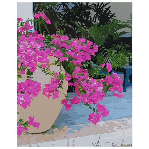 Картина за номерами Strateg ПРЕМІУМ Рожеві квіти на підвіконні з лаком та рівнем розміром 40х50 см (SY6824) фото №1