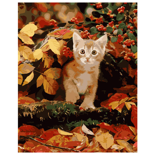 Картина за номерами Strateg ПРЕМІУМ Котик у листі з лаком та рівнем розміром 40х50 см (SY6726) фото №1