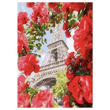 Алмазна мозаїка Strateg ПРЕМІУМ Ейфелева вежа серед троянд без підрамника розміром 30х40 см (GD86102) фото №1