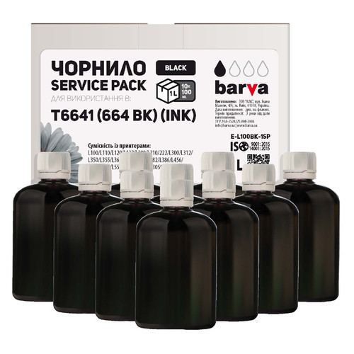 Чорнило Barva для фабрик друку EPSON L100/L210/L300/L350/L355 (664 Bk) BLACK 1 л (10x100 мл) SERVICE PACK (E-L100Bk-1SP) фото №1