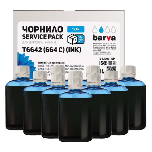 Чорнило Barva для фабрик друку EPSON L100/L210/L300/L350/L355 (664 C) CYAN 1 л (10х100 мл) фото №1