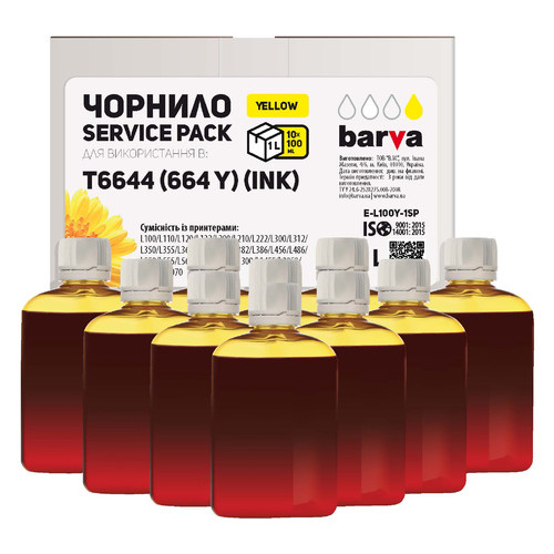 Чорнило Barva для фабрик друку EPSON L100/L210/L300/L350/L355 (664 Y) YELLOW 1 л (10х100 мл) SERVICE PACK (E-L100Y-1SP) фото №1