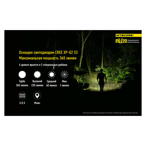Ліхтар налобний Nitecore NU20 Сree XP-G2 S3 360 люмен 6 режимов чорний фото №5