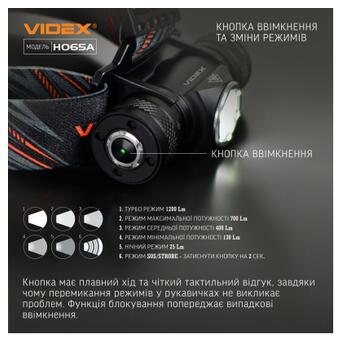 Налобний світлодіодний ліхтарик VIDEX VLF-H065A 1200Lm 5000K (VLF-H065A) фото №6
