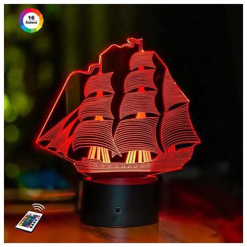 3D нічник 3DToyslamp Корабель 2 (Збільшене зображення) подарункова упаковка 16 кольорів пульт ДУ мережевий адаптер (4545ук) фото №1