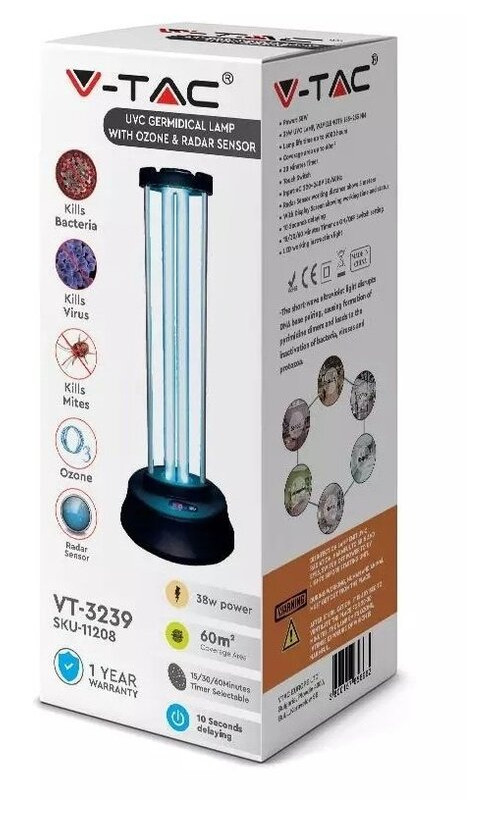 Лампа бактерицидна V-TAC VT-3239 UVC 38W, UV Ozone, 60м2 (11208) фото №4