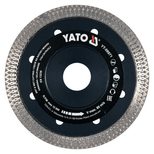 Диск відрізний алмазний Yato для мокрого та сухого різання 115х1.6х1х22.2мм (YT-59971) фото №1