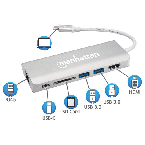 Док-станція Intracom Manhattan USB3.1 Type-C HDMI/USB 3.0x2/RJ45/SD/PD 60W Hub 7-in-1 (152075) фото №5
