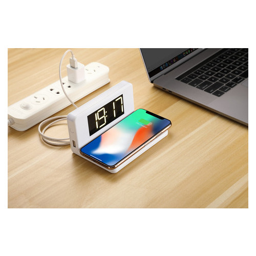 Бездротовий зарядний пристрій Qitech Alarm Clock Wireless Charger 3-1 годинник будильник з підсвічуванням біле фото №6