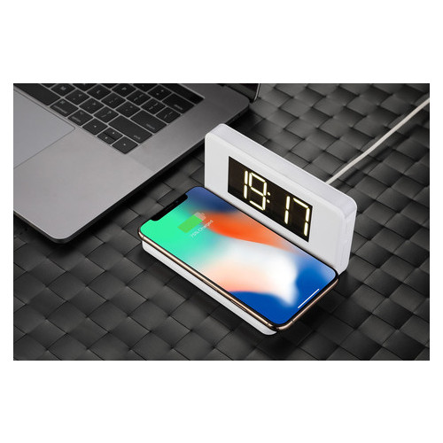 Бездротовий зарядний пристрій Qitech Alarm Clock Wireless Charger 3-1 годинник будильник з підсвічуванням біле фото №5