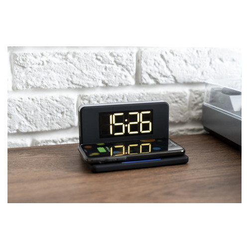 Беспроводное зарядное устройство Qitech Alarm Clock Wireless Charger 3в1 часы будильник с подсветкой черное фото №2