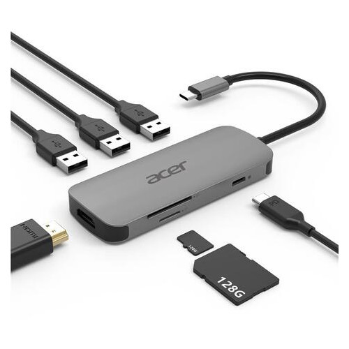 Док-станція Acer 7in1 Type C: 1 x HDMI, 3 x USB3.2, 1 x SD/TF, 1 x PD (HP.DSCAB.008) фото №1