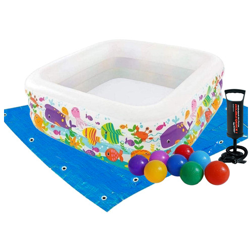 Дитячий надувний басейн Intex 57471-2 Акваріум 159 х 159 х 50 см з кульками 10 шт підстилкою насосом фото №3