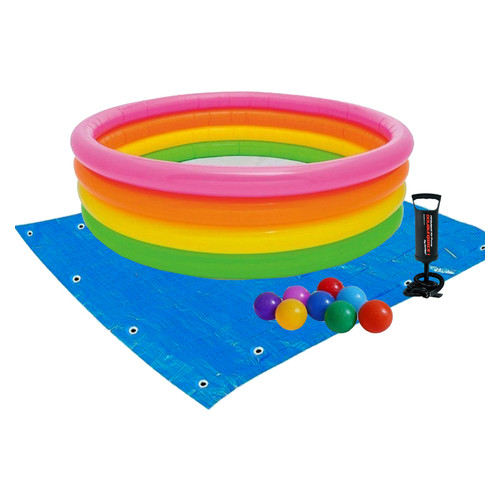 Дитячий надувний басейн Intex 56441-2 Веселка 168 х 46 см з кульками 10 шт підстилкою насосом фото №4