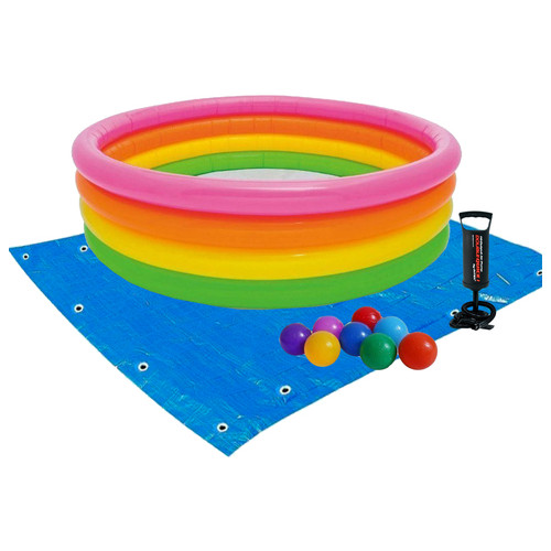Дитячий надувний басейн Intex 56441-2 Веселка 168 х 46 см з кульками 10 шт підстилкою насосом фото №3
