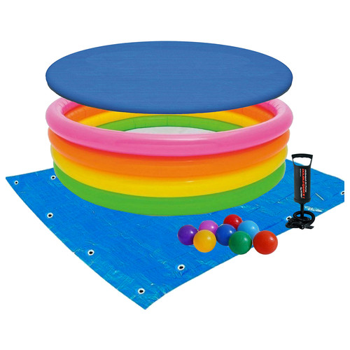 Дитячий надувний басейн Intex 56441-3 Веселка 168 х 46 см з кульками 10 шт тентом підстилкою та насосом фото №3