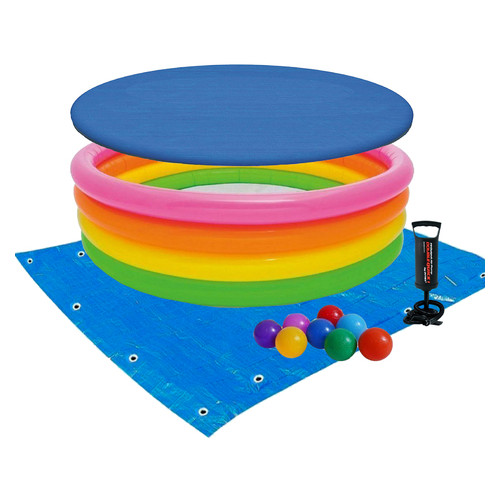 Дитячий надувний басейн Intex 56441-3 Веселка 168 х 46 см з кульками 10 шт тентом підстилкою та насосом фото №4