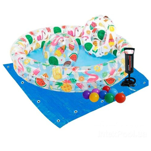 Дитячий надувний басейн Intex 59460-2 Фрукти, 122 х 25 см, з м'ячиком та колом, з кульками 10 шт, підстилкою, насосом фото №1