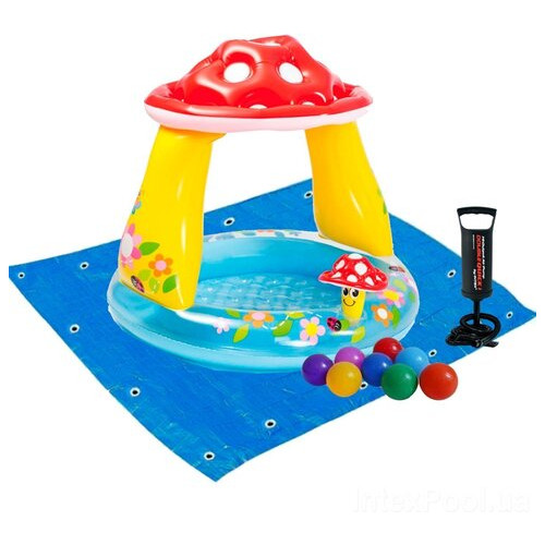 Дитячий надувний басейн Intex 57114-2 Грибочок, 102 х 89 см, з кульками 10 шт, підстилкою, насосом фото №2