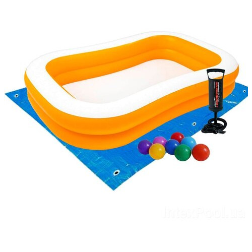 Дитячий надувний басейн Intex 57181-2 Мандарин, 229 х 147 х 46 см, з кульками 10 шт, підстилкою, насосом (hub_b7t2oj) фото №1